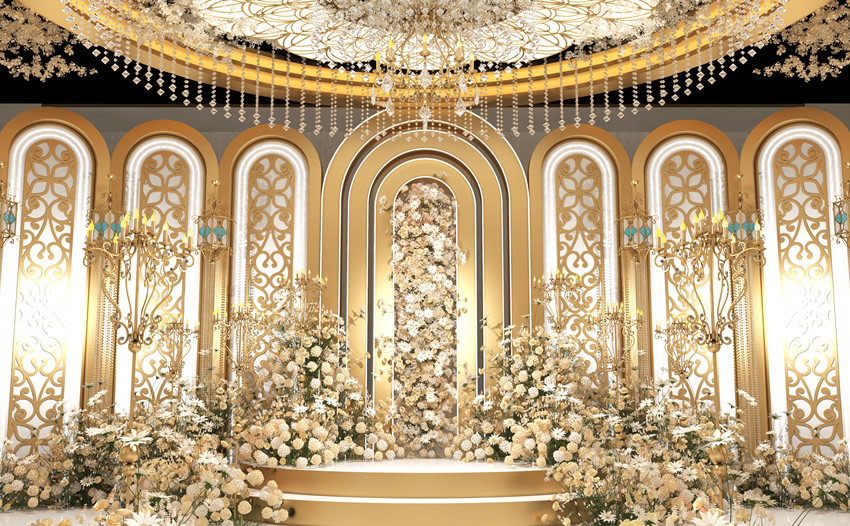 玛多香槟色调婚礼堂效果展示